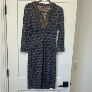 Tory Burch silk jersey shift dress beaded neckline peacock feather print SMALL